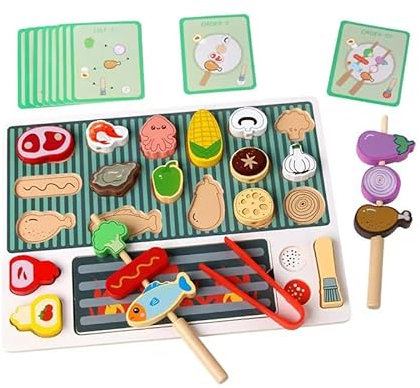 Vndnsy Jouet alimentaire en bois 31 pièces pour barbecue pour enfants, accessoires de cuisine de jeu, jouets de rôle, jouets alimentaires pour barbecue, jeu de rôle, cadeau pour 3 ans