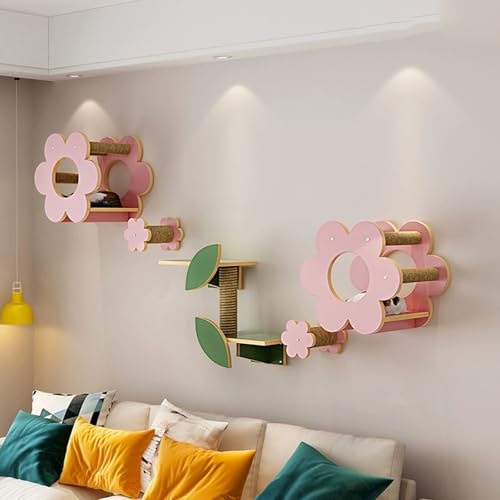 LKPMGOA Kletterwand Katze-Set mit Bodenverstärkung, Katzenwandregale aus Holz, Platzsparend, Geeignet für Kleine Wohnungen(7pcs)