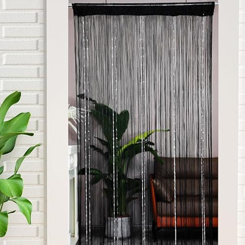 CCUUHJ Fadenvorhang Fadengardine Türvorhang Insektenschutz, mit Durchzugstunnel, Waschbar, Kürzbar, 100 x 200cm, Schwarz (Schwarz)
