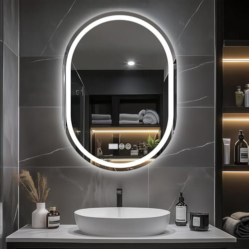 Trintion Badspiegel Mit Beleuchtung, 60x80 cm Oval Spiegel mit Beleuchtung, Badspiegel mit Uhr und Touch-Schalter, Beschlagfrei, Dimmbar, 3 Lichtfarbe 3500K-6500K