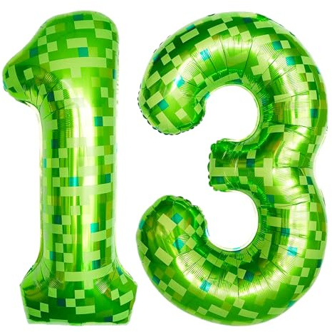 ParPix Pixel Zahlen Luftballon 13 Geburtstag Junge Mädchen, 40 Zoll Pixelmotiv 13. Geburtstag Ballon, Grün Folienballon Zahl 13, Geburtstagsdeko 13 Jahre Ballon,Zahl Luftballon 13,Zahl Folienballon 13