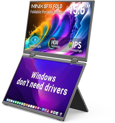 MINIX SF15 - Monitor portátil plegable dual de 15.6 pulgadas, 1080P FHD, 300 nits, 100 W PD, luz azul baja, metal reciclable, tipo C y HDMI para portátiles, estudio, proyectos creativos, colaboración