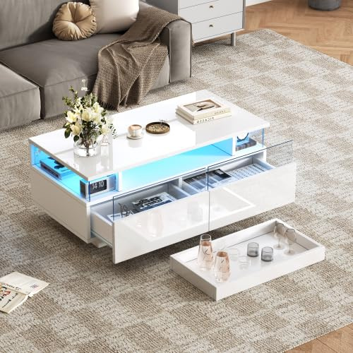 Merax Couchtisch Weiß, Sofatisch mit LED-Licht, 90x45x35.5 cm, Hochglanz Couchtisch mit 2 Schubladen, Beistelltisch mit Acryl-Schubladen & gehärtetem Glas für Wohnzimmer, Teetisch für modernen Stil