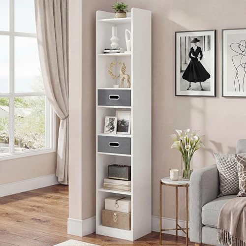 YITAHOME Hohes, schmales Bücherregal, schlankes Eckregal mit 5 Ebenen und 2 Stoffschubladen, freistehendes Regal für Wohnzimmer, Schlafzimmer, Büro, Weiß, 30 B × 24 T × 180 H cm