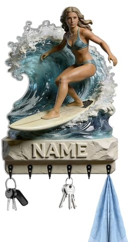 SosnSusn Porte-clés Mural Personnalisé Thème Guitare Rock, Impression 2D avec Nom Acrylique, Style Vintage, Décoration Musicale pour Salon, Couloir, Bureau (Surfing 1)