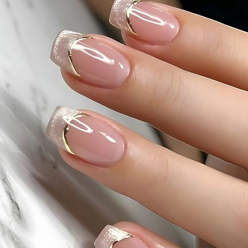 Ombre Pink Press on Nails Short Square Nude Pink French Tip Design Sparkling Gold Edges Full Cover Glossy Reusable Fake Nails for Women Women Girls Manicure DIY Decoration 24pcs