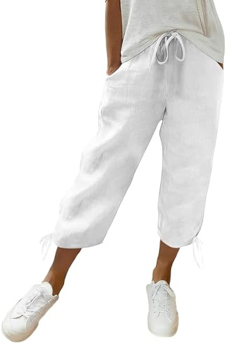 RLEHJN 3/4 Linen Trousers for Women UK Cotton Capri Pants, Ladies Cropped Trousers Three Quarter Length Shorts Summer Capris Pants with Pockets Elasticated Waist Bottoms with Drawstring at the Hem