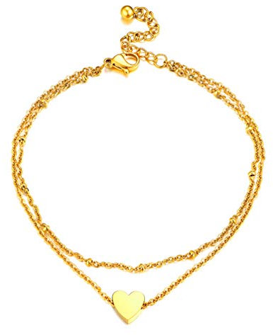 PROSTEEL 18k vergoldet Fußkette Herz Charm Doppelkette Fußkettchen 22+5cm verstellbar Rolokette Fußband Damen Mädchen Knöchel Armband Sommer Strand Schmuck Accessoire