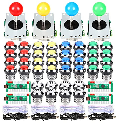 EG STARTS 4 Spieler LED Arcade DIY Kit für USB MAME PC Spiel DIY & Raspberry Pi Retro Controller DIY Inklusive 4X Arcade Joystick, 40x LED Chrome Arcade Knöpfe 2X Zero Delay USB Encoder