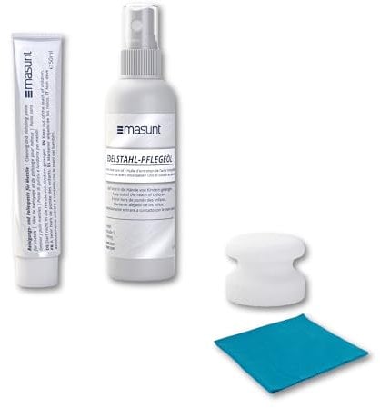 masunt Edelstahl-Reinigungs- und Pflegeset – Komplettes Set mit Polierpaste, Pflegeöl, Schwamm & Mikrofaser-Tuch für glänzende Edelstahloberflächen