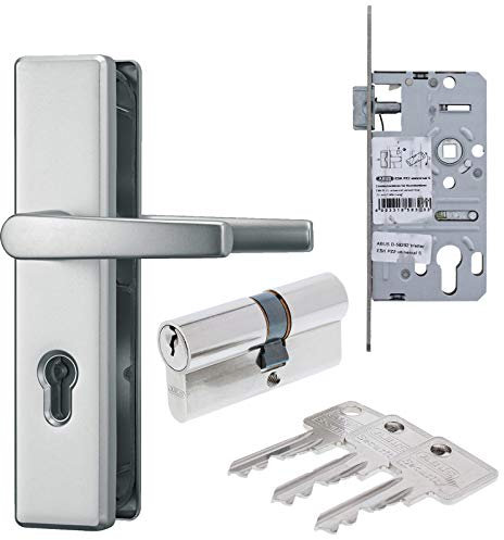 ABUS Türbeschlag Set aus Schutzgarnitur DR/DR silber Einsteckschloss Türzylinder A93 28/34 mm inkl. 3 Schlüssel als Grundausstattung für Wohnungseingangstür