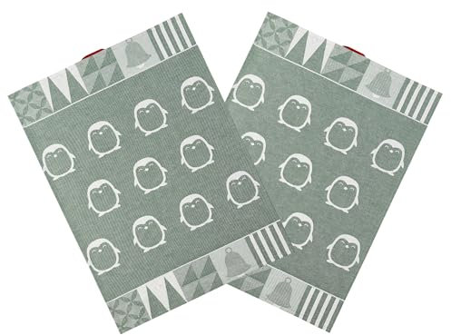 saewelo 2er Set Geschirrtücher in Geschenkverpackung, 100% Baumwolle, 45x65 cm (Weihnachtspinguin Limited Edition, Grün)