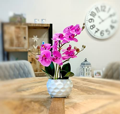 DARO DEKO Kunst-Pflanze Orchidee (ovaler Topf weiß Hochglanz und lila Blüten 33cm)