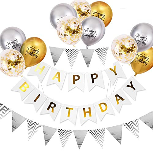 Luftballons Geburtstag Dekoration Set, Gold Silber Geburtstagsdeko Happy Birthday deko Banner Party Deko Geburtstag Set mit Gold Silber Luftballons Konfetti Ballons Dreiecksflaggen Girlanden