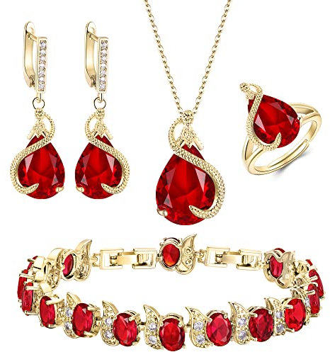 EVER FAITH 4 Stück Tropfen Cubic Zirconia Schmuck Set Glamour Anhänger Halskette Ohrringe Tennis Armband und Offener Ring für Damen Hochzeit Party Rot Gold-Tone