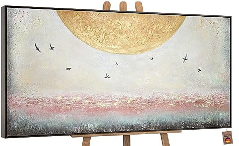 YS-Art Abstrakt Acryl Gemälde auf Leinwand Sonnenenergie handgemalt Wandbilder Wohnzimmer modern Wohndekor Bilder Büro Horizont Vögel echte Kunst mit Rahmen 120x60 cm