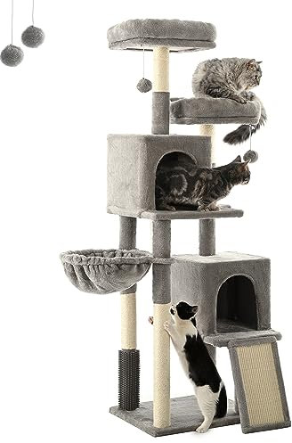 FourFurPets Intérieur Arbre à Chat 156cm, Tour de Jeux, avec escaliers en sisal, 2 Plate-Formes, 2 Niches, Panier, Pompons, Gris Clair
