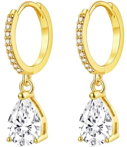 MASOP Creolen Gold Hängend Damen, Ohrringe Vergoldet mit Anhänger Zirkonia Wassertropfen Braut Ohrringe Schmuck Geschenke für Hochzeiten Geburtstag mit Geschenkbox für Freundin Frauen Mädchen