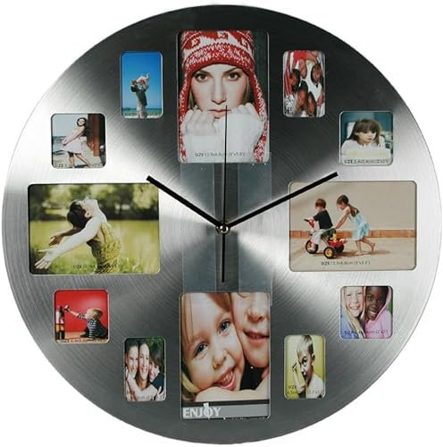 wunderschöne Fotouhr 38cm rund,Wanduhr für 12 Fotos, Aluminium Design Uhr, Fotogalerie Bilderrahmen Bildergalerie Edelstahl Look