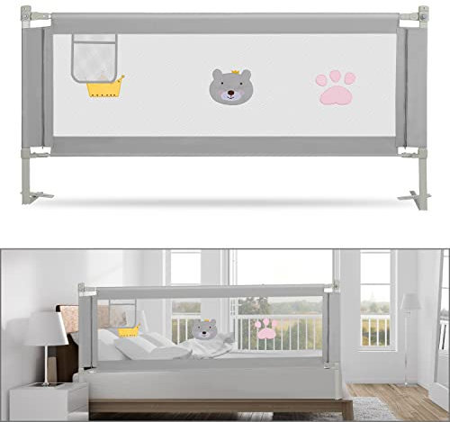 SWANEW Bettgitter 180 cm Bettschutzgitter für Kinder Kinderbettgitter faltbar, Kinderbettschutz zur Absturzsicherung, Kleinkindgitter, Einfach zu Montieren, Grau Bestickte Ausführung