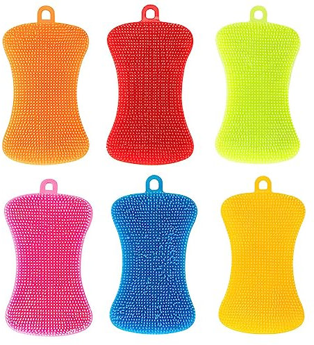 Silicone Dish Sponge, 6 Pcs Kitchen Dish Washing Brushes Multi-functional Cleaning Scouring Brushes Scrubber for Washing Vegetable Fruits Bowl Dish Pot Pan