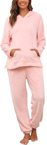 Lovasy Pyjama en Polaire pour Femme - Ensemble de Pyjama d'hiver Chaud et Moelleux avec Poches Rose M