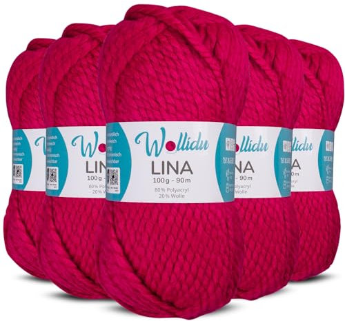 Wollidu Lina Wolle zum Stricken und Häkeln 500g 80% Polyacryl 20% Schafwolle Mulesing-frei Oeko-Tex 5x 100g/90m Häkelwolle/Strickwolle - Burgunder