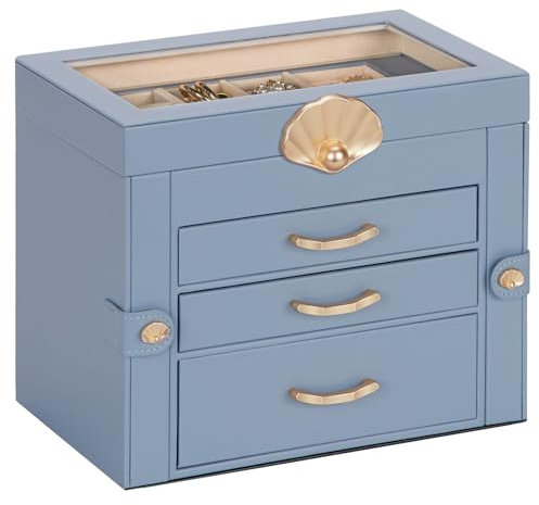 Enthralite Jewellery Box with 3 Drawers : Jewellery Display Organiser for Earrings Necklaces - Gift for Girls Women | Grey Blue