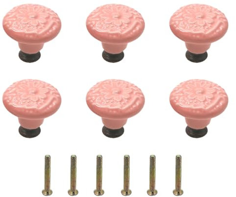Mimhooy 6 Pcs Ceramic Drawer Pulls - Vintage Retro Flower Knobs for Cupboards & Drawers - Pink Furniture Handles