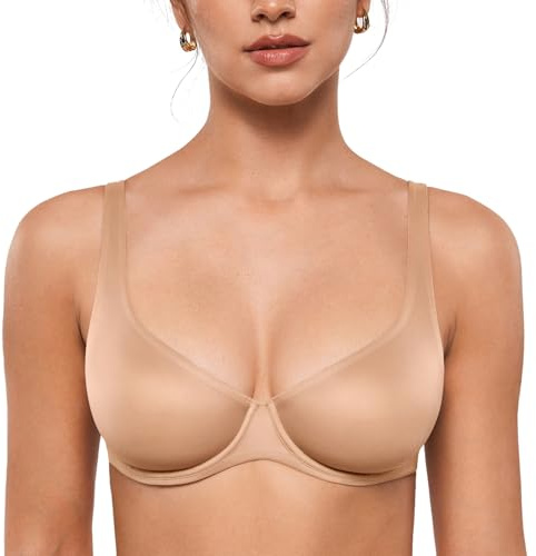 INLYRIC Women's Mesh Balconette Bra Sexy Demi Supportive Comfortable Seamless Underwire Unlined Sheer Bras Warm Beige - Sheer 34D