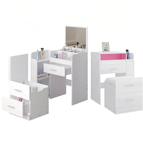 Schminktisch Kleiner Platzsparend mit Klappspiegel und Ausziehbarem Hocker – Frisiertisch mit Spiegel, LED-Beleuchtung, 2 Schubladen & Versteckte Aufbewahrung für Schlafzimmer Wohnzimmer (Weiß)