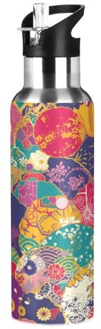Wzzzsun Fleur De Marguerite Japonaise Traditionnelle Isotherme Bouteille d'eau avec Paille, Gourde Sport en Acier Inoxydable 600ML Gourdes sans BPA pour Enfant Garçon Fille École Bureau