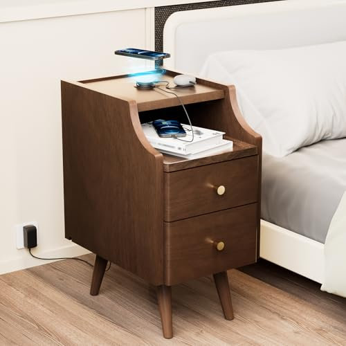 Vockol Table de Nuit en Bois Massif avec 2 Tiroirs, Table de Chevet avec Station de Recharge sans Fil et USB pour Chambre à Coucher et Salon, Pas d'Assemblage Nécessaire, 40 x 31 x 55 cm, Noyer