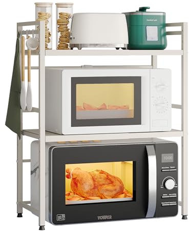 NETEL Soporte para microondas encimera Cocina Organizador hornos estanterías Almacenamiento Extensible microondas Soporte de 40 a 60 cm,con 8 Ganchos, Blanco 3 Niveles