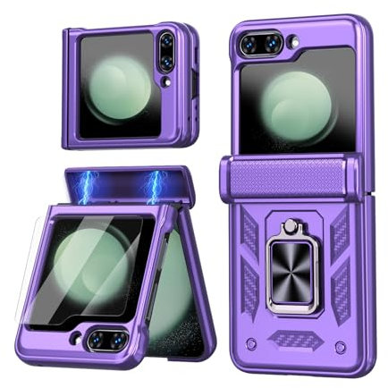ELESNOW for Samsung Galaxy Z Flip 6 Case with Hinge Protection & Screen Protector, Rotatable Ring Stand Rugged Armor Shockproof Phone Case Cover for Samsung Galaxy Z Flip6 5G (Purple)