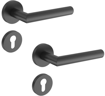 KARATINTL türklinke schwarz,Türgriffe Innentüren Schwarz matt,Rund-Rosette, L-Form, PZ - Profilzylinder, Schwarz matt für Zimmertüren DIN-Norm (Black-PZ Profilzylinder)