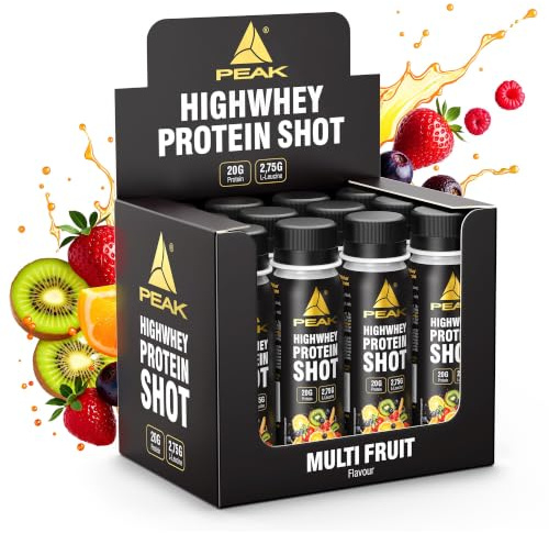 PEAK HIGHWHEY Protein Shot - Display - 12 x 100ml Geschmack Multifruit I Liquid Clear Whey (Beta-Lactoglobulin) mit 20g Protein und 2,75g L-Leucin pro Ampulle I perfekt für unterwegs