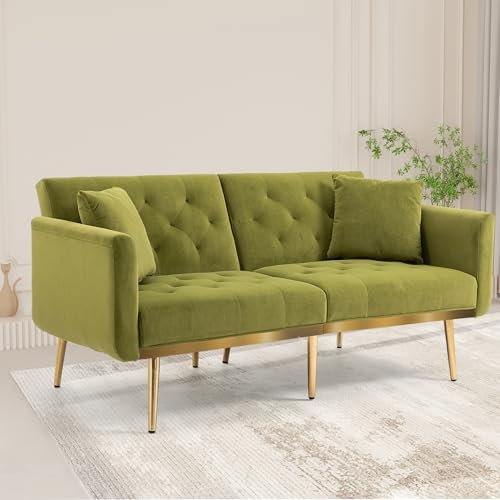 HAINEW Klappbares Schlafsofa mit Schlaffunktion, Moderner 3-Sitzer Couch Sofa Klappsofa Bettcouch Gästebett mit Kissen und Goldene Metallbeine für Wohnzimmer Schlafzimmer (Olivgrün + Samt)
