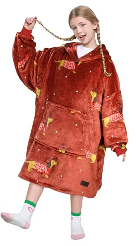 Catalonia Classy Übergroße Fleece Hoodie Decke, Weiche und Warme Decken Hoodie Kinder, Tragbare Decke with Großer Fronttasche für Teenager, Mädchen und Jungen, Weihnachtsgeschenke, Wein Dachshund