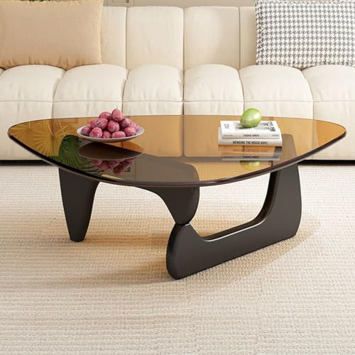 Moderna mesa de centro triangular de cristal con mesa auxiliar de madera vintage, elegante mesa de centro para sala de estar y patio, patas negras, 83 x 57 x 40 cm