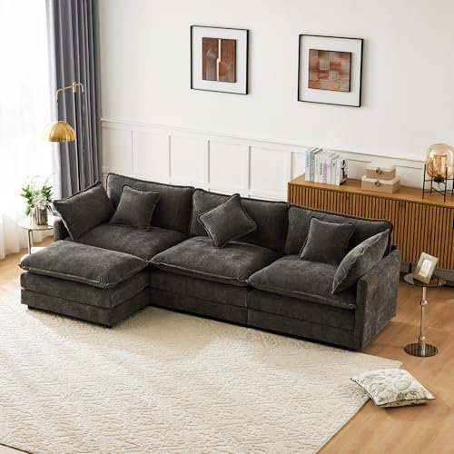DRIXNO Polstermöbel, Chenille-Stoff, Dreisitzer-Sofa, Polstersofa, Ecksofa mit Fußstütze, L-förmiges Ecksofa, Grau, Geeignet für Wohn- und Schlafzimmer.
