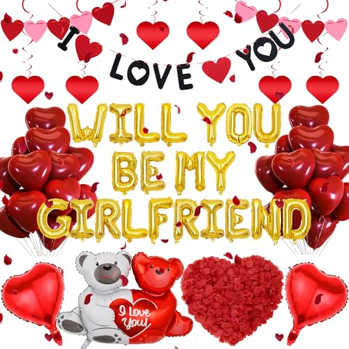 Willst du meine Freundin sein – 552 Stück Valentinstagsdekorationen Glod Ballons I Love You Herz Girlande Banner Love Bear hängende Wirbel Rosenblätter für Verlobung, Jahrestag, Hochzeit, Antrag