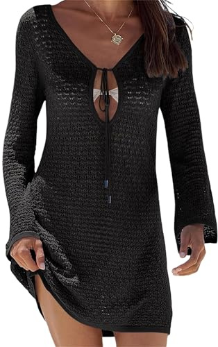 SANSIWU Women's Tie Front Crochet Cover Up Short Dress Flared Long Sleeves Hollow Out Beachwear Summer Semi Sheer Bathing Suit