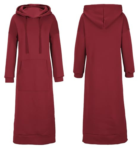 amropi Femmes Sweat-Shirt Long à Capuche Robe Manches Longues Pull Kangourou Poche Haut Bourgogne,S