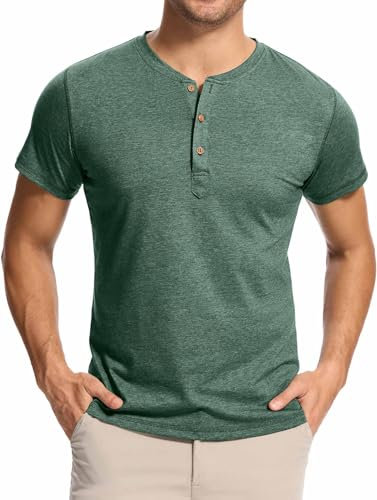 WUWUSKY Herren T-Shirt mit 3-Knopfleiste Einfarbig Henley Poloshirt Freizeit Shirts | Baumwolle Kurzarm Shirt mit Hemd-Kragen,Grün,L