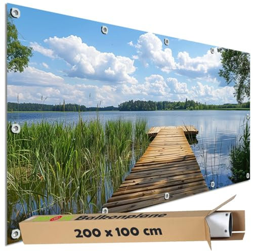 TRIOSK Sichtschutz Balkon Deko Plane Balkonblende Blickdicht mit Motiv Holz Steg Holzweg Schilf See für Garten Terrasse Gartenzaun Balkonverkleidung Blickschutz PVC groß 200x100 cm