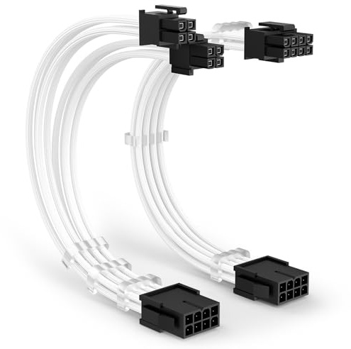 J&D EPS 8 Pin Stromverlängerungskabel, 30 cm ATX CPU Buchse auf Stecker, Weiß Geflochtene Schlauchleitung für Motherboard, 6 Kabelkämme für Ordentliche Organisation, 2er Pack