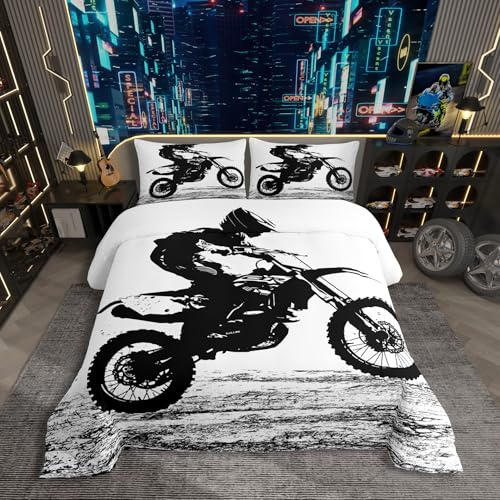 Homewish Dirt Bike Bettwäsche-Sets 135x200, Motocross Fahrer Spannbettwäsche Extremsport Spiel Bettbezug Set für Teenager Jungen Mädchen Jugendliche Erwachsene, Modern Schlafzimmer Dekor 2-Teilig