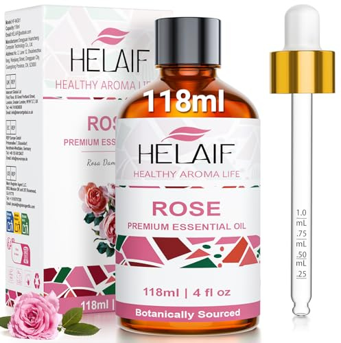 HELAIF Rose Essential Oil 118ml, Rose Oil with Dropper for Diffuser DIY | Floral Spicy Aroma, Amber Glass Bottle With Dropper, Ideal For Diffusers, Candle Making, Soap Making And DIY Projects
