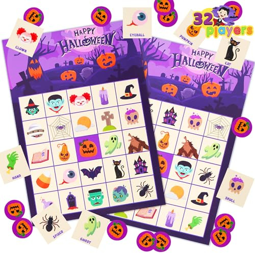 JOYIN Halloween-Bingo-Spiel für 32 Spieler, Bingo-Karten für Kinder für Halloween-Partyspiele, Familienaktivitäten für große Gruppen, Partyzubehör für das Schulklassenzimmer